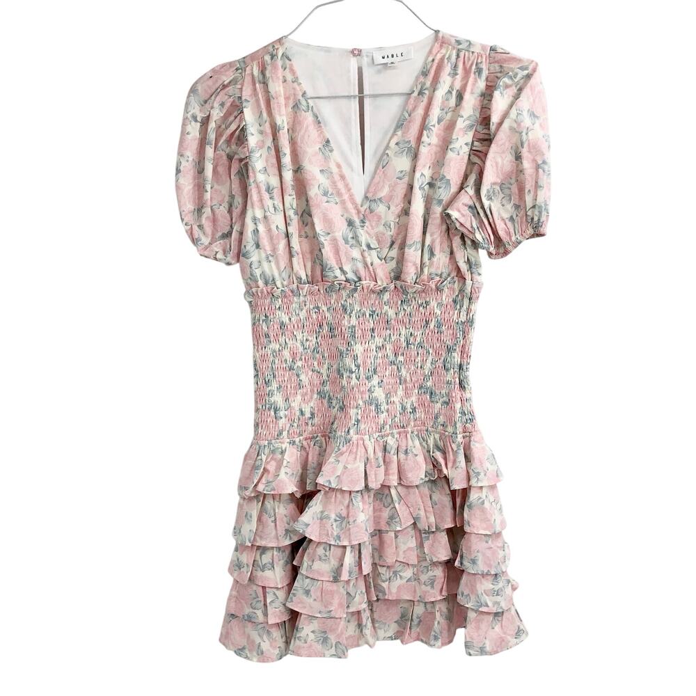 MABLE Pink Floral Smocked Waist Puffed Sleeve Ruffled Tiered Mini Dress Size M